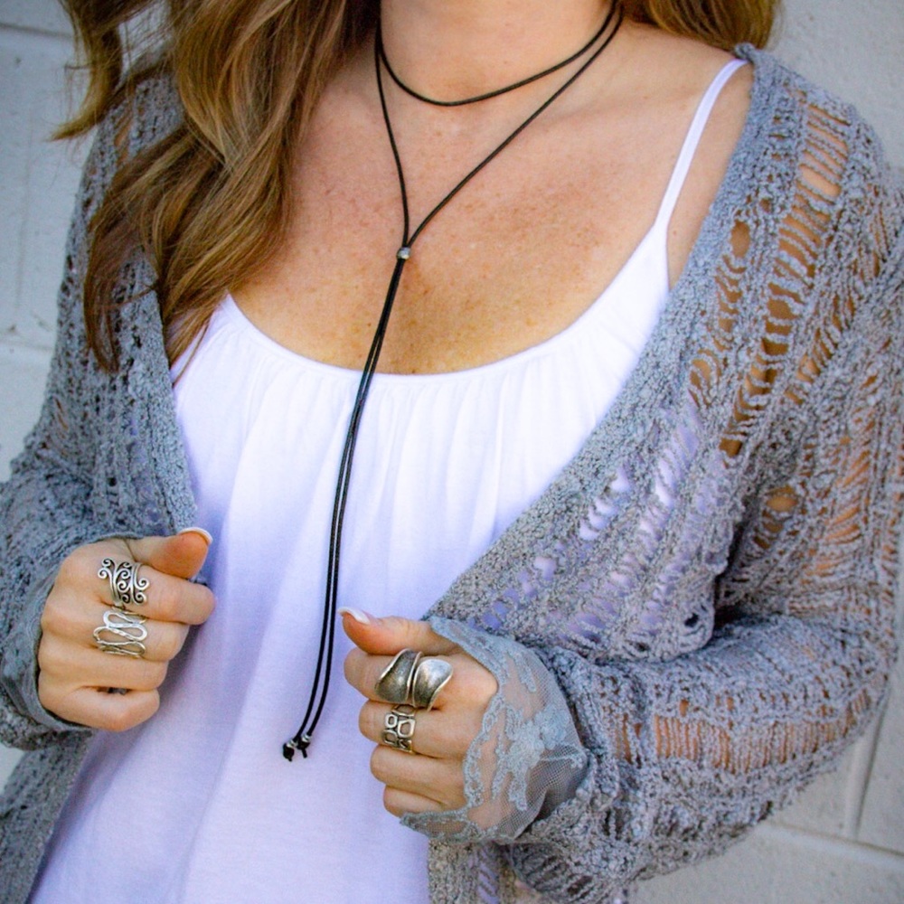 Cool Boho Handmade Black Leather Adjustabl Necklce